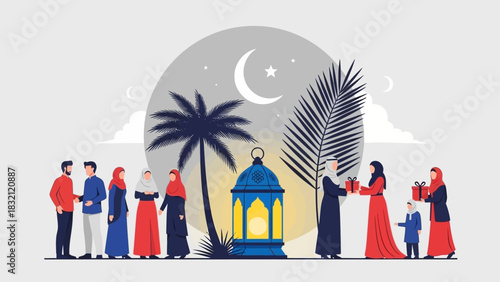 A vibrant illustration of Muslim people celebrating a religious holiday, exchanging gifts and greetings under a crescent moon and palm trees.