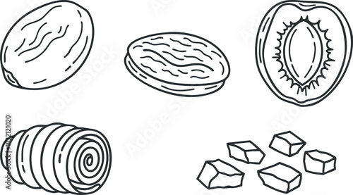 A collection of various pastries including croissant, almond, and chocolate in simple black line art style, perfect for bakery branding and food menus