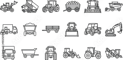 Farm and construction machinery icons set, tractor, truck, excavator, and harvester line art vector illustration collection, heavy vehicle symbols.