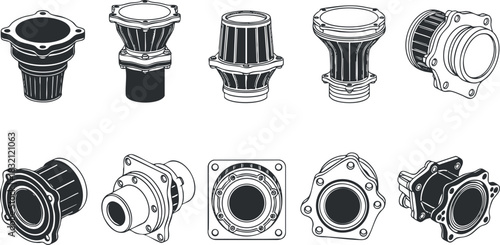 A collection of various pipe fittings and connectors in black and white vector style, suitable for engineering and industrial design projects