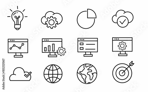 SEO related line icon set. Search Engine Optimization and Marketing vector icons.