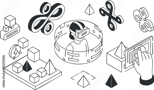 A set of virtual reality elements including 3D shapes and interaction icons in minimalist black and white vector style, suitable for tech and gaming projects
