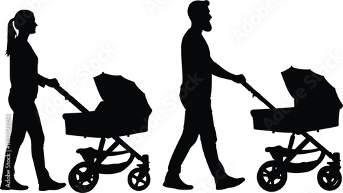 Black silhouette mother and father pushing baby prams or strollers, depicting parents walking outdoors with their children, isolated family lifestyle vector illustration on white.