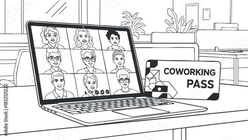 A laptop displaying a video conference with multiple participants in black and white minimalist vector style, featuring a coworking pass, ideal for remote work and coworking space branding