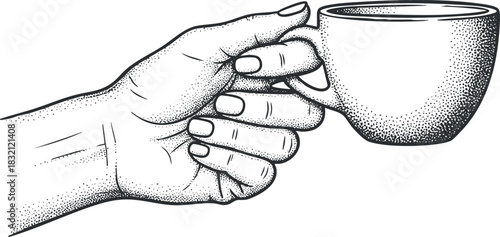 A hand holding a coffee cup in monochrome sketch style, suitable for cafe branding and menu design