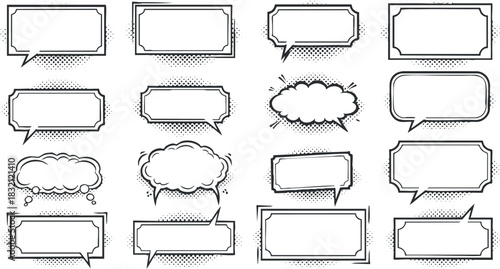 A collection of speech bubbles in various styles and shapes in black and white vector illustration, ideal for comic designs and creative projects