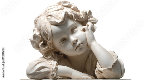 A delicate marble sculpture of a young girl s head and shoulders isolated on transparent background
