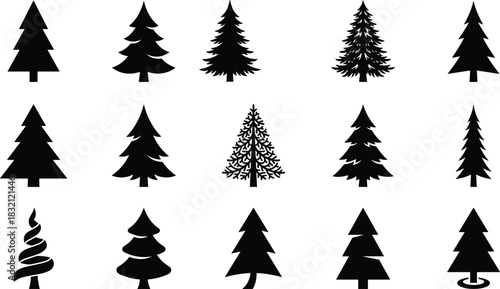 Set of pine tree silhouettes, black fir icons for Christmas design, forest nature collection vector illustration isolated on white background.
