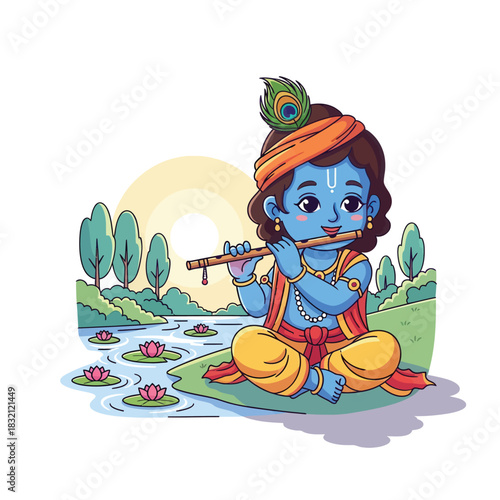 Cute vector illustration of blue-skinned baby krishna peacefully playing the flute on a vibrant green riverbank.
