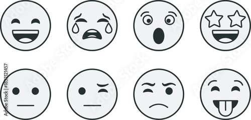 Diverse emoji face collection illustrating a wide range of emotions including joy, sorrow, surprise, and amusement Vector