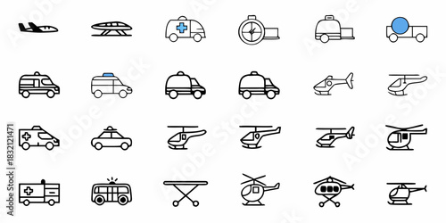 Collection of medical and emergency transportation icons including ambulances helicopters and airplanes