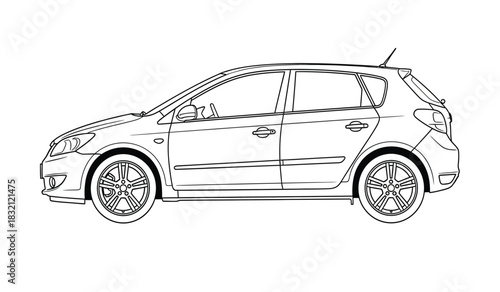 Detailed hatchback car line art illustration for coloring or design projects featuring a distinctive silhouette style on a white background silhouette