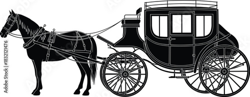 Black silhouette of a horse pulling a closed antique carriage or coach with large spoked wheels, depicting vintage luxury travel and historical transport vector illustration on white.