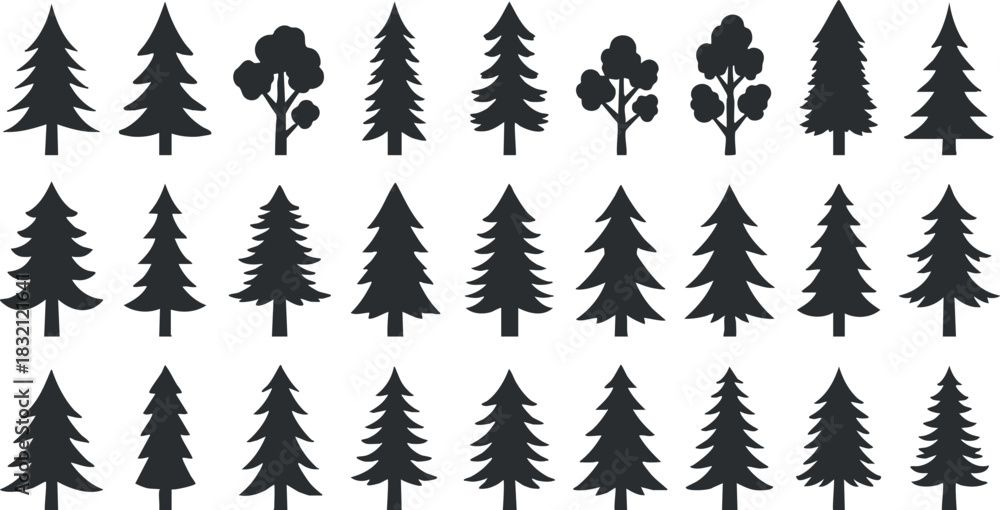 Obraz premium A collection of various tree silhouettes in black vector style, perfect for nature-themed designs and environmental projects