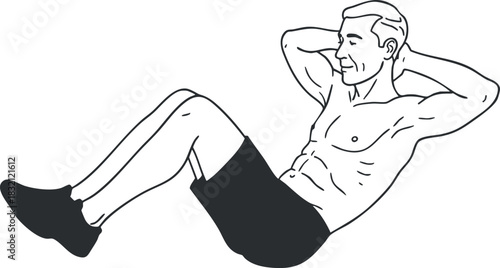 A man performing a sit-up exercise in minimalist black and white vector style, ideal for fitness and health projects