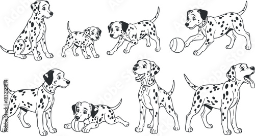 A collection of playful Dalmatian dogs and puppies in black and white outline vector style, perfect for children's book illustrations or pet-themed designs