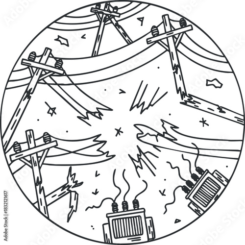 A hand-drawn illustration of power lines and utility poles damaged by a storm in black and white outline style, suitable for environmental themes