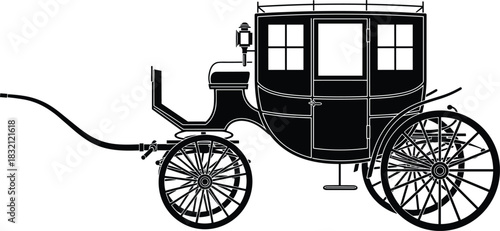 Black silhouette of an antique closed horse-drawn carriage or coach with lanterns and large spoked wheels, depicting vintage luxury travel and historical transport vector illustration on white.