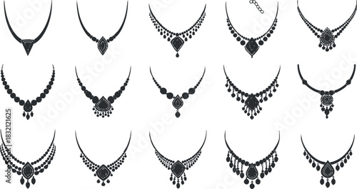 A collection of elegant black necklaces featuring various designs and styles in minimalist vector illustration, perfect for jewelry branding and fashion projects