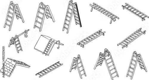 A collection of various ladder types including step ladders, extension ladders, and roof ladders in black and white outline vector style, ideal for construction and DIY projects