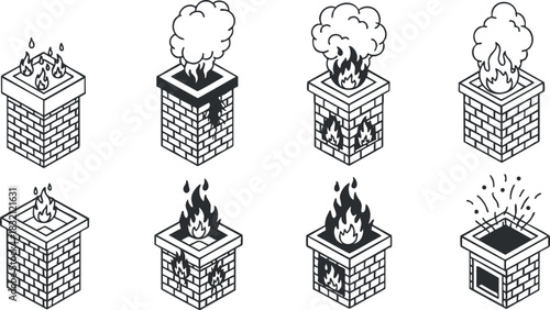 A set of chimney illustrations featuring flames and smoke in black and white outline vector style, suitable for home heating design projects