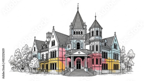 Colorful Victorian Mansion Illustration – Detailed Architectural Line Art of Historic Building