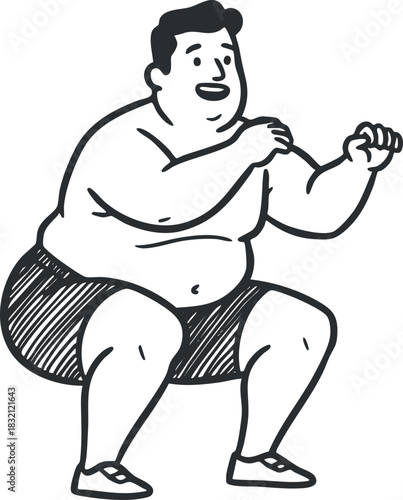 A cartoon illustration of a chubby man doing a squat exercise in an outline vector style, suitable for fitness and health themes