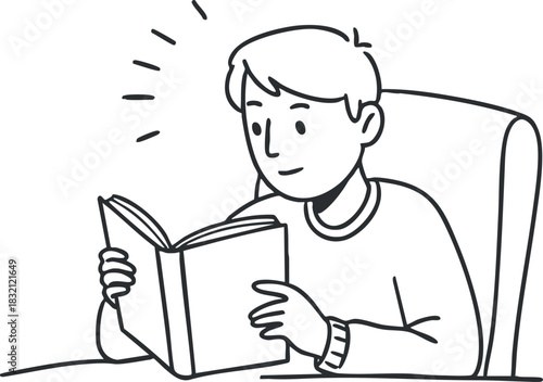 A person reading a book while sitting comfortably in a chair, depicted in minimalist outline vector style, ideal for educational and literary themes