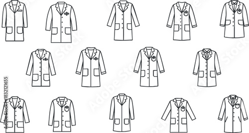 A collection of medical lab coats in a simple outline vector style, suitable for healthcare and educational projects