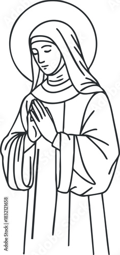 An illustration of a praying woman with a halo in outline minimalist vector style, suitable for religious themes and spiritual contexts