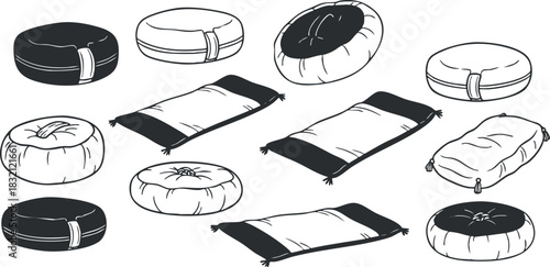A collection of various pet bed designs including round and rectangular shapes in black and white minimalist vector style, perfect for pet care branding