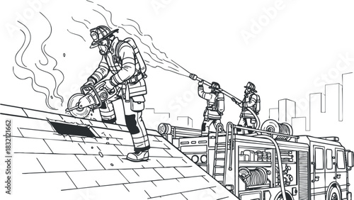 A team of firefighters extinguishing a roof fire in detailed black and white line art style, ideal for emergency service graphics