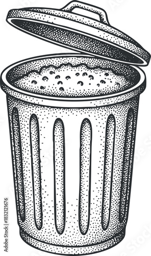 A detailed illustration of a trash bin with a lid in vintage black and white engraving style, suitable for environmental and sanitation projects
