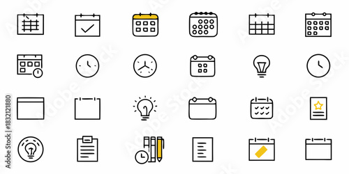 Collection of hand drawn calendar and time icons with lightbulb and document symbols