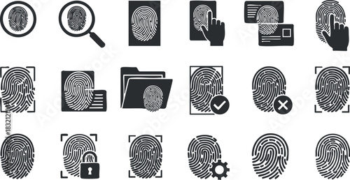 A set of fingerprint icons representing security and authentication in black and white vector style, perfect for tech and identity verification projects