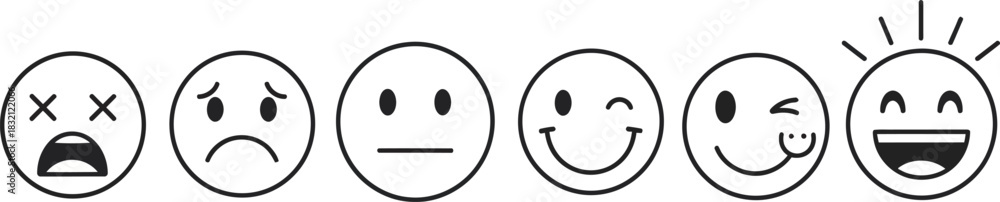 Fototapeta premium Emotional spectrum from despair to joy. outline emojis depicting various feelings, satisfaction, disappointment, and cheerfulness. Vector