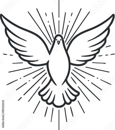 A stylized dove in flight with spread wings and rays emanating from it, in outline vector style, suitable for peace and spirituality themes