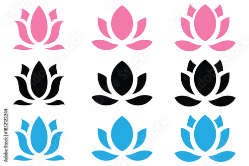 Lotus Flower Vector Icon Set – Outline & Flat Design Symbols of Calm, Relaxation, and Harmony