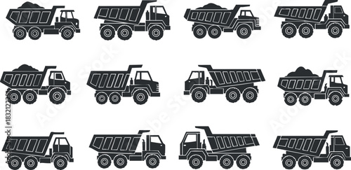 A collection of dump trucks in flat black and white vector style, ideal for construction and transportation themes