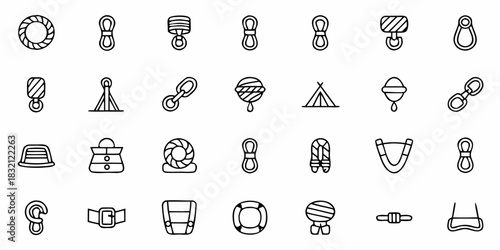 Collection of line art icons representing various nautical and climbing equipment
