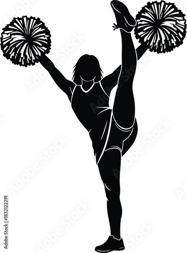 Cheerleader performing high kick silhouette vector illustration, black silhouette of female figure with pom-poms for cheerleading, school spirit, and athletic sport design content.