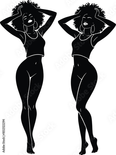 Black woman silhouette vector illustration, beautiful African American girl figure with natural afro hair and body positive pose for fashion, beauty, and ethnic design content.