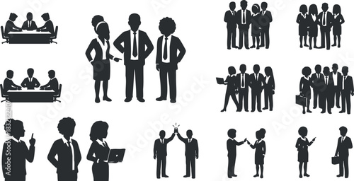 A set of business people silhouettes in various poses and activities in black and white vector style, ideal for corporate presentations and marketing materials