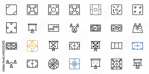 Collection of simple line art icons representing game boards strategy and planning concepts