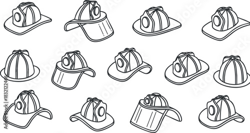 A collection of various caps and hats in black and white outline vector style, ideal for fashion and sports branding