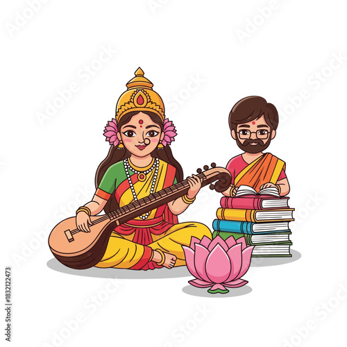 The vibrant goddess saraswati is playing the veena in this cute vector illustration, sitting beside books and a lotus on a white background.