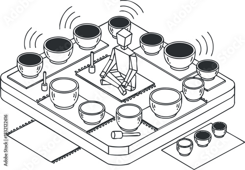 A set of tea cups arranged around a meditating figure in an outline vector style, ideal for wellness and mindfulness themes