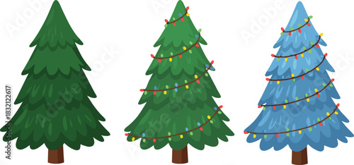 Set of three Christmas trees, cartoon pine collection, decorated and plain firs, blue and green holiday vector illustration, xmas isolated.