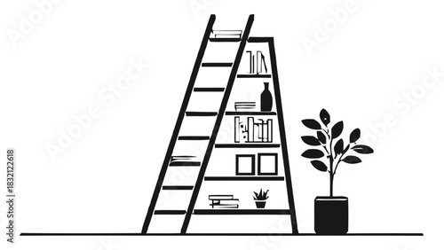Stylish bookshelf ladder with books and plant, modern interior design element for home decor and architectural projects, ideal for minimalist living