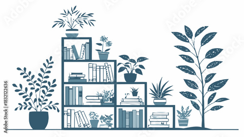 Cozy bookshelf scene for a modern, minimalist home design, featuring plants and books, perfect for adding a touch of nature and serenity to any space